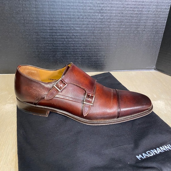 Magnanni Size 9 Silvio Red Brown Leather Double Monk Strap With Travel Bag